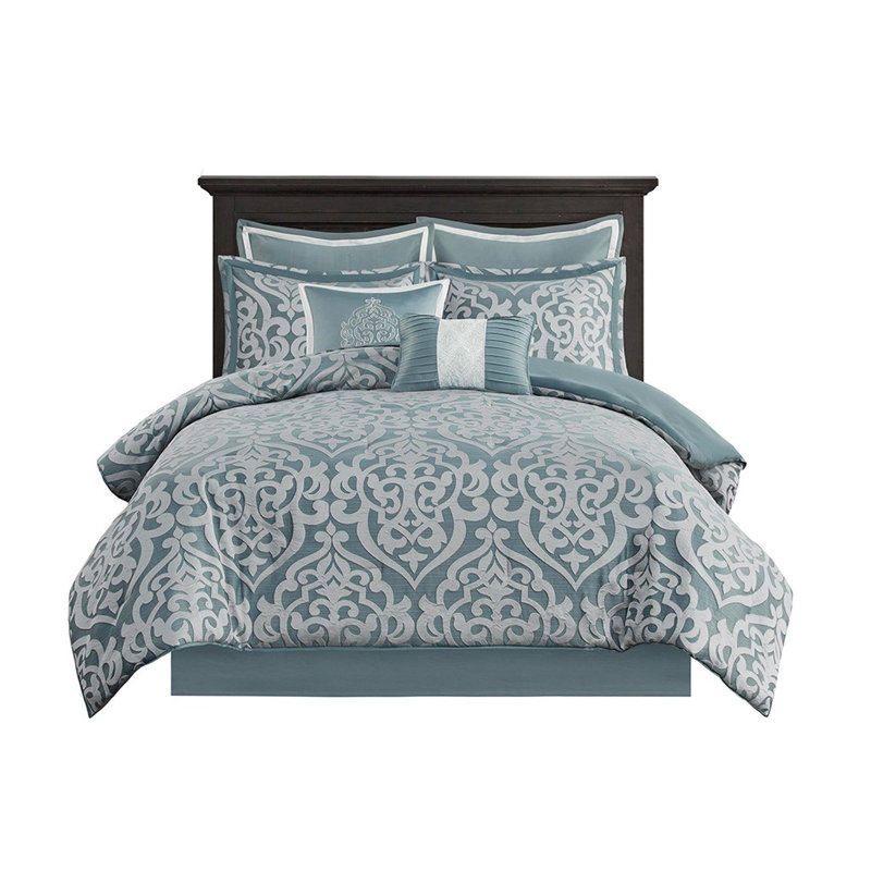Ensemble d'édredon en polyester jacquard 8 pièces, Turquoise; argent, Édredon très grand californien et 7 pièces supp