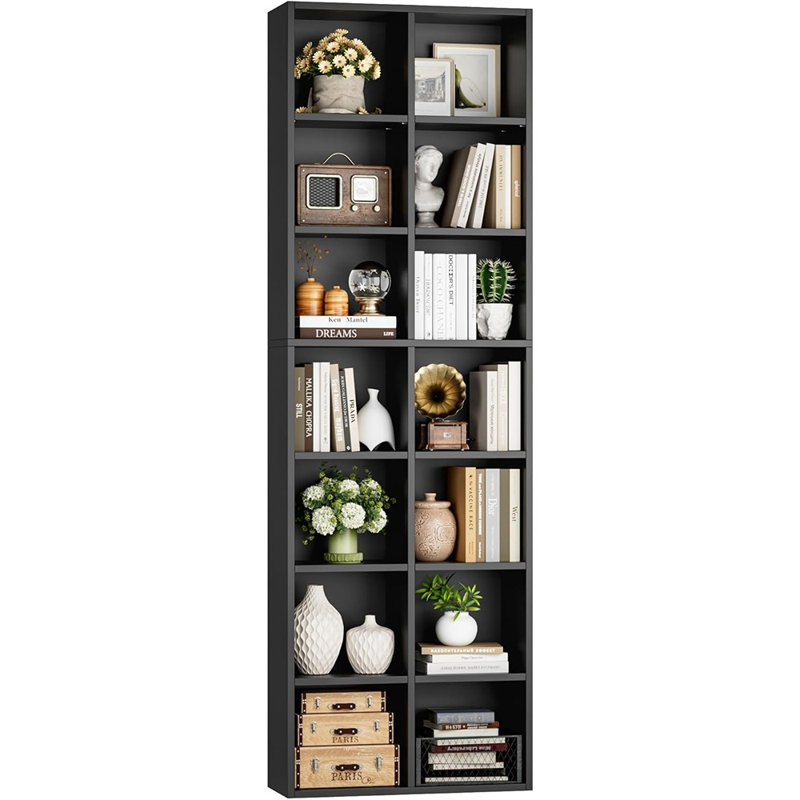Grande bibliothèque à double largeur - support pour tour média, vitrine à CD / DVD avec tablettes réglables, bibliothèque noire étroite pour la maison ou le bureau