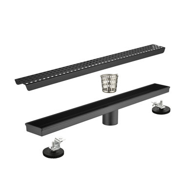 Caniveau de douche linéaire de 61 cm (24 pouces) avec grille amovible à motif quadrato, en acier inoxydable 304. Filtre à cheveux et pieds de nivellement inclus.