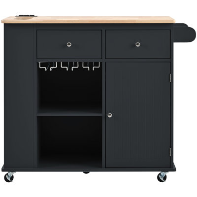 Kitchen Island With Power Outlet,Kitchen Storage Island With Drop Leaf And Rubber Wood,Open Storage And Wine Rack,5 Wheels,With Adjustable Storage For Home, Kitchen, And Dining Room