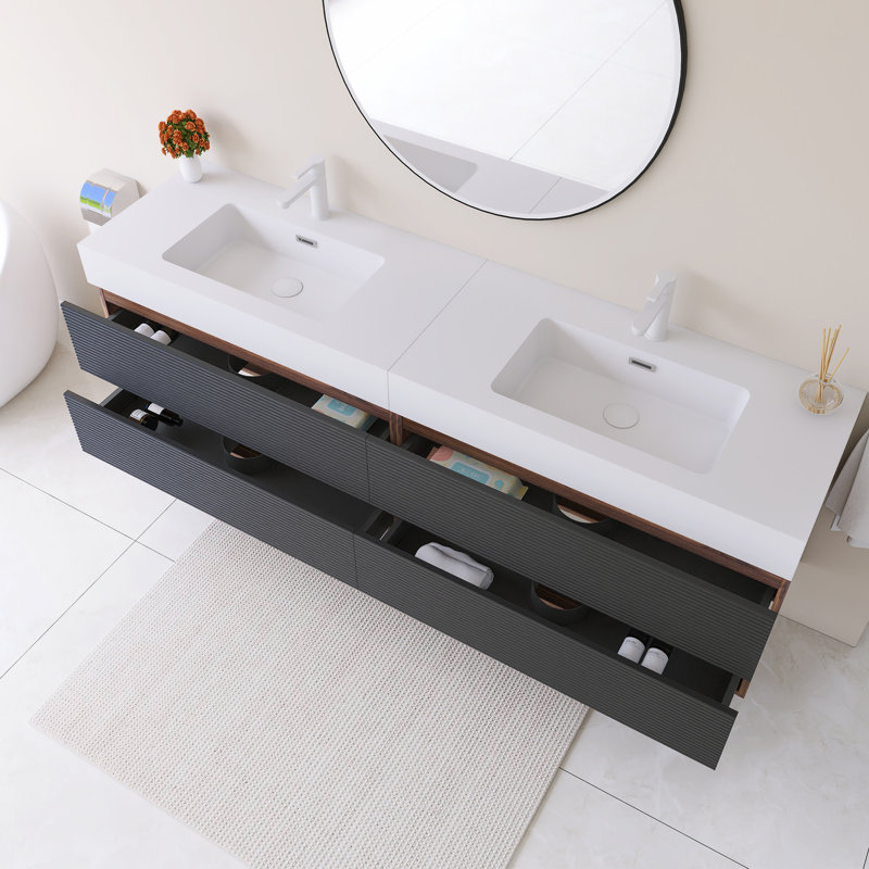 Meuble-lavabo mural 72 po avec lavabo à surface solide blanc, 72"