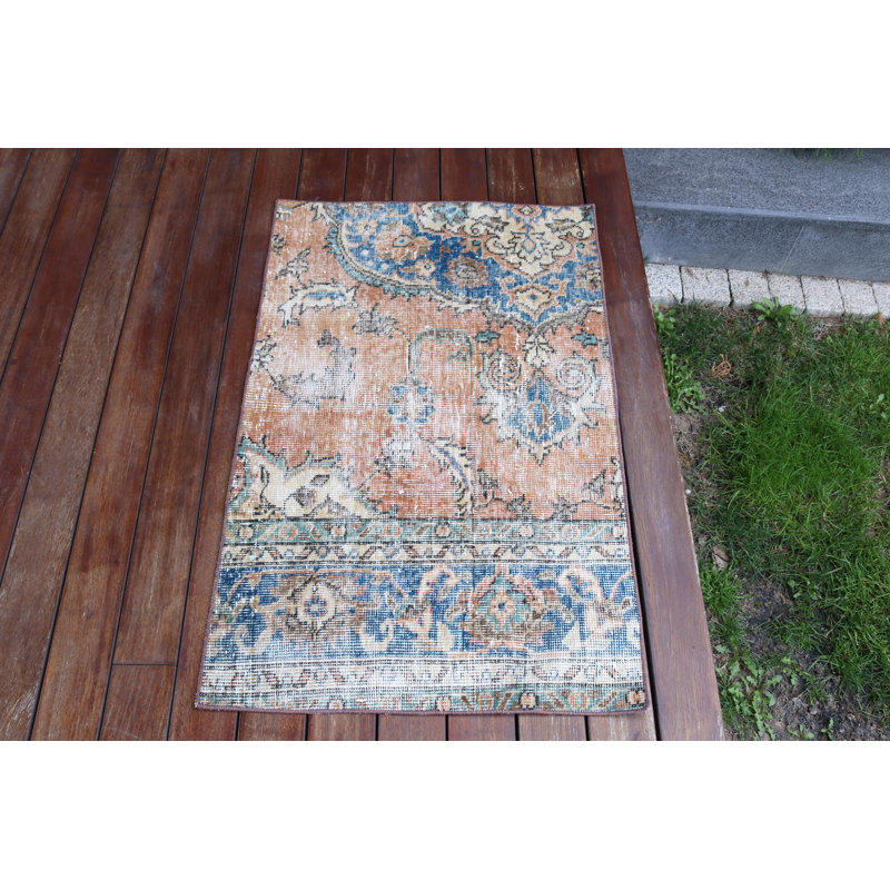 Vintage Turkish Rug in Orange for Entryway Featuring Authentic Oushak Design and Small 2x3 Size Perfect as a Boho Style Mat