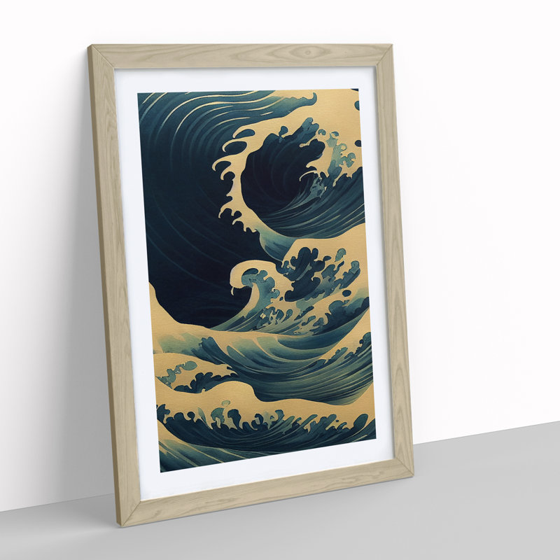 Traditional Japanese Wave No.5 - Wall Art, 36cm H x 27cm W, Oak Framed, White