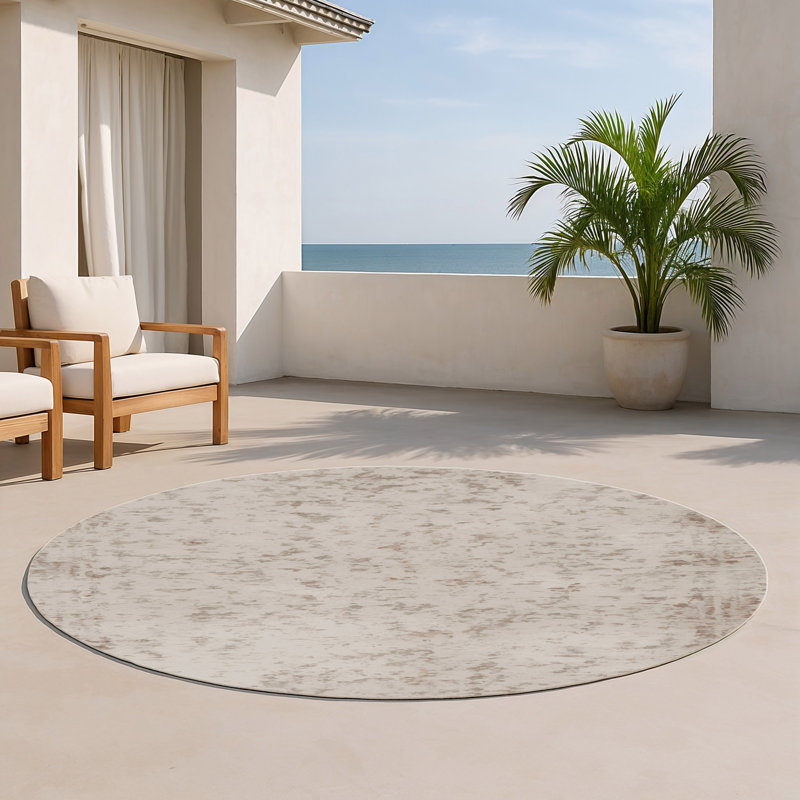 Tapis beige abstrait intérieur et extérieur, Rond 5 pi