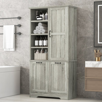 Fleurine 68'' H Bathroom Cabinet with Tilt-Out Laundry Hamper,Modern Linen Cabinet with Adjustable Shelf,Freestanding Style