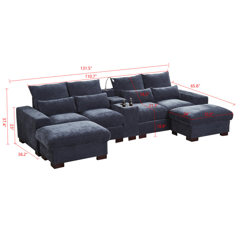 Canapé modulaire en chenille 6 places avec console et repose-pieds, Chenille grise foncée