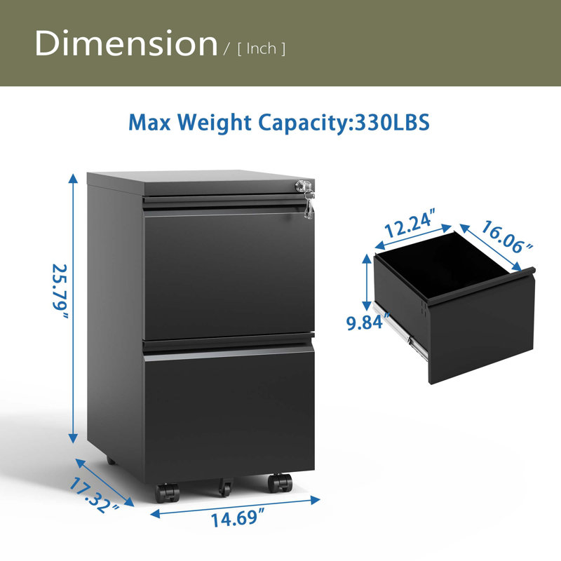 2 Drawer Metal Mobile File Cabinet, Rolling File Cabinet With Lock For Hanging Legal/Letter/A4 Size,Fully Assembled Except Wheels