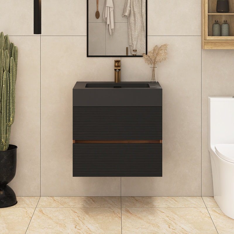 Meuble-lavabo mural simple 24 po avec comptoir en quartz 24 po, Noir/noyer, 24"