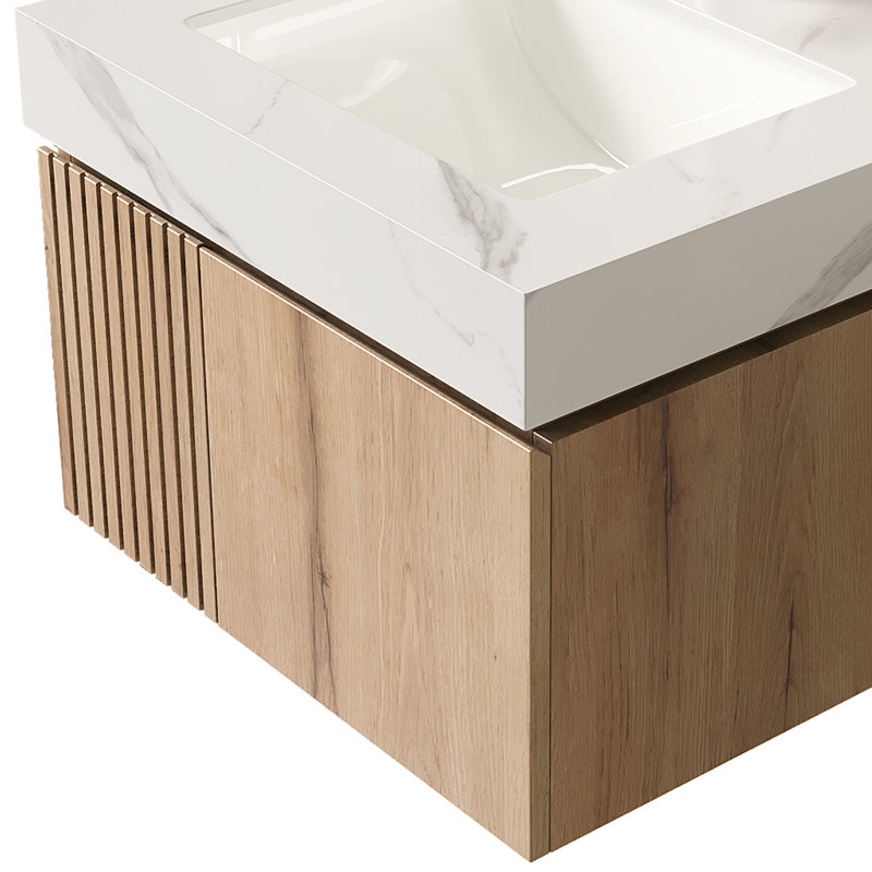 Meuble-lavabo suspendu de luxe de 61 cm avec lavabo en céramique, style familial moderne, meuble-lavabo suspendu de style milieu du siècle, armoire de salle de bain en pierre frittée