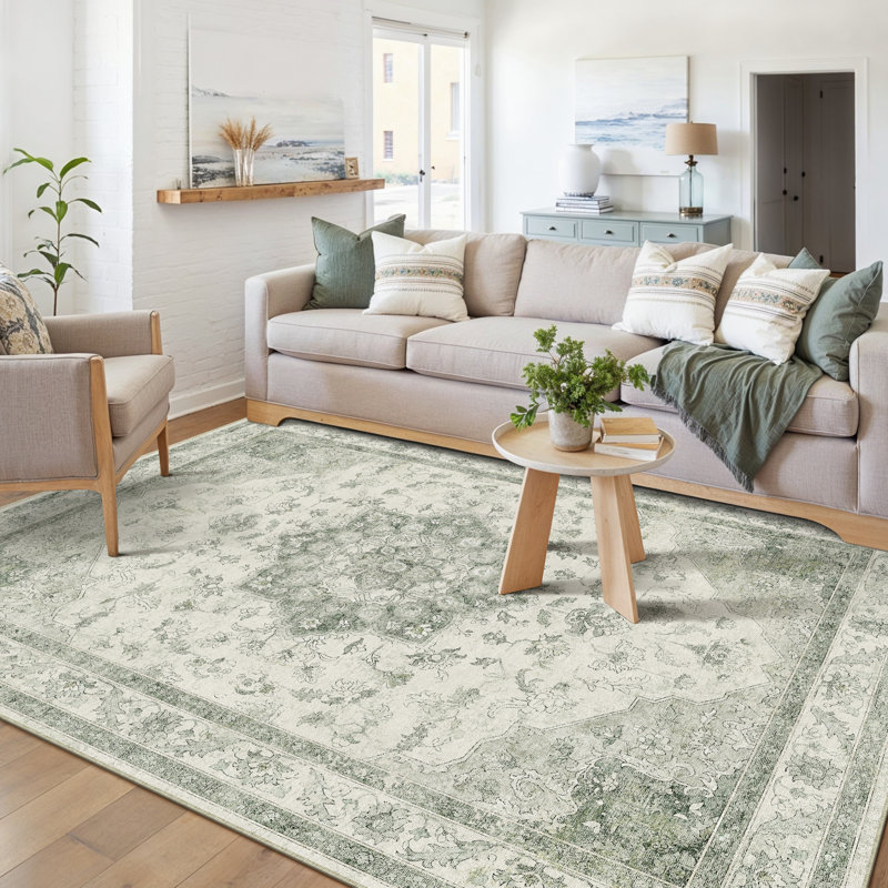 Tapis oriental vert lavable à la machine Stella, Rectangle 5 pi x 7 pi, Vert clair, 0.28"