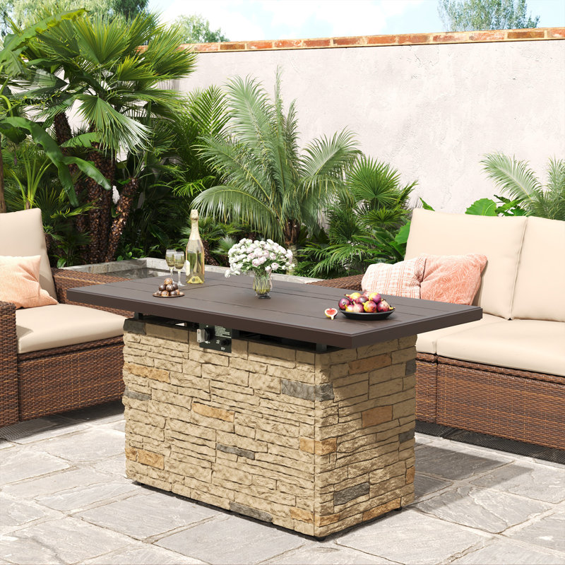 43'' Propane Gas Fire Pit Table, Outdoor 5,000 BTU Rectangular Fire Pit With Glass Wind Guard, Glass Rocks and Lid, Beige