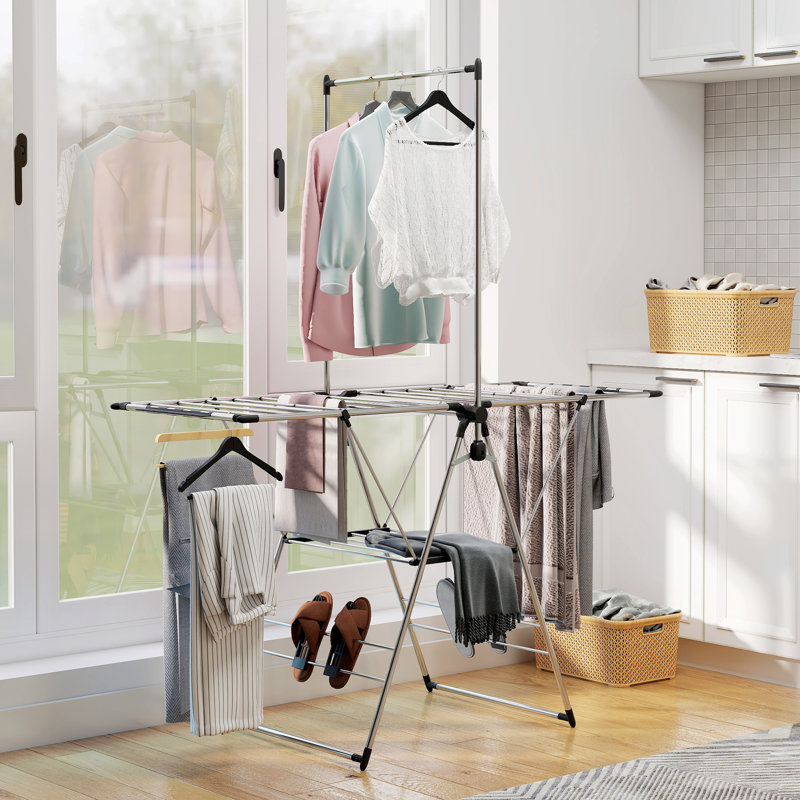 Séchoir à vêtements, support à linge pliable en acier inoxydable, argent