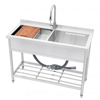 Lavabo double autoportant en acier inoxydable de 47,2 po (50/50) avec lavabo pour salle de lavage extérieure