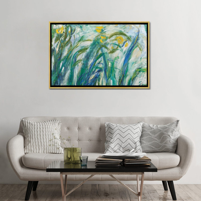 Iris jaune et mauve, 1924-1925 par Claude Monet - reproduction d'art, H 32 po x l 48 po x 1,5 po, Toile encadrée d'or