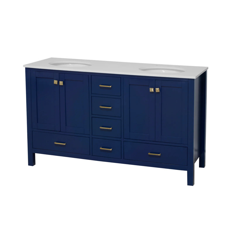 Ensemble de meuble-lavabo double 60 po Claudett, Bleu royal, Blanc d'ingénierie