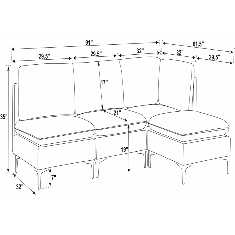 Canapé modulaire en lin rembourré avec pieds en métal, 35" H x 91" W x 91" D, Dark Grey Linen