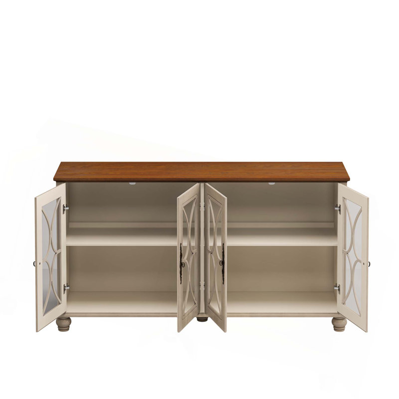 Antique Style 4-door Sideboard With Tempered Glass Doors, Adjustable Shelves And Classic Decorative Handles, Beige
