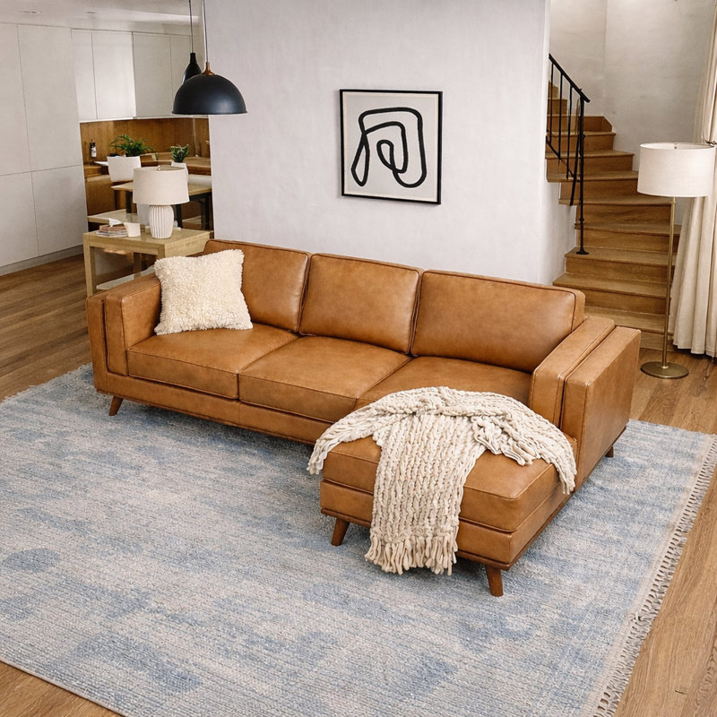 91" Howell Genuine Leather Sectional Mid-Century Modern L-Shaped Sofa with Chaise, Right