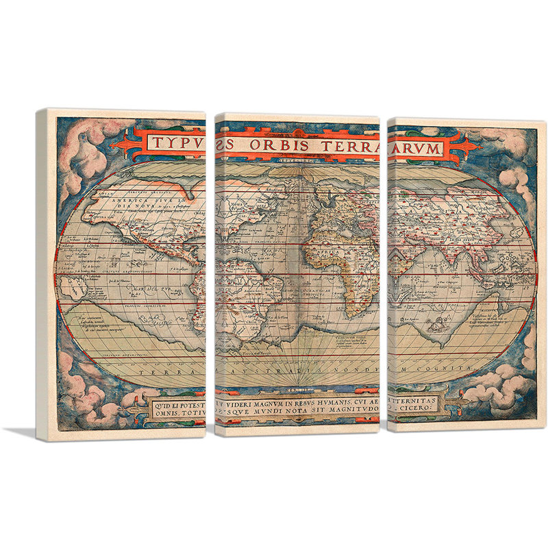 «World Map 1579» par Abraham Ortelius, ensemble de 3 reproductions d'art graphique sur toile tendue