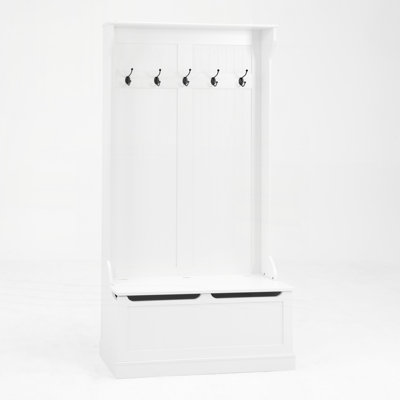 Entryway Bench with Standing Coat Rack, Hall Tree with Shoe Storage Bench, Entryway Organizer with 5 Hooks, White
