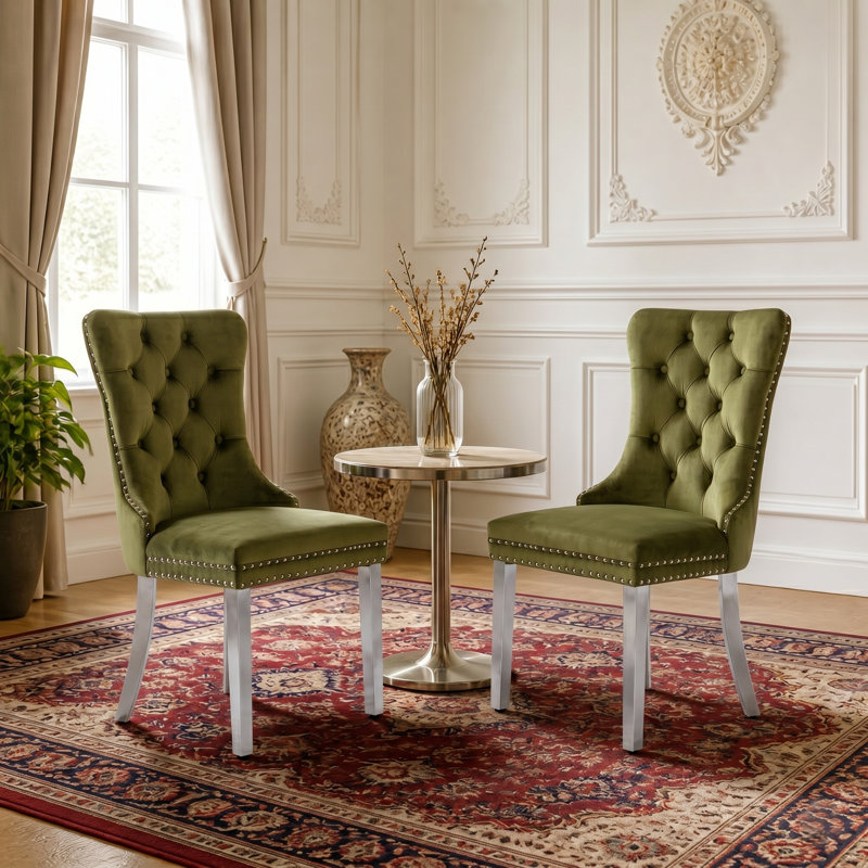 Chaise de salle à manger moderne en velours avec dossier capitonné et garniture cloutée (lot de 2)