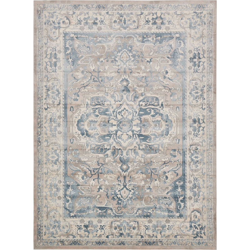 Tapis à motif oriental beige / bleu Iyanna, Rectangle 9 pi x 12 pi
