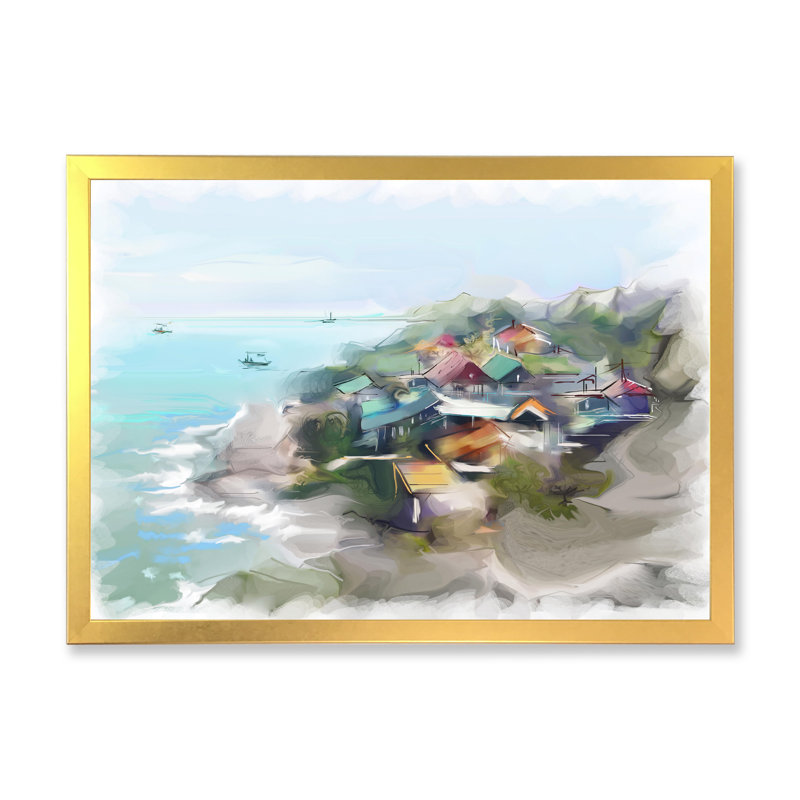 Maison de rêve par le paysage marin - peinture sur toile, H 34 po x l 44 po, Toile à cadre d'angle fermé doré