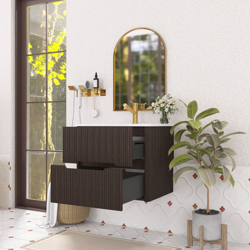Modern Fluted Bathroom Vanity - Water-resistant Build, Dark Brown, 24"