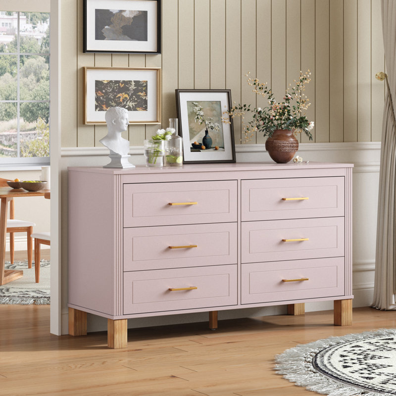 Commode double 6 tiroirs, Rose / Bois