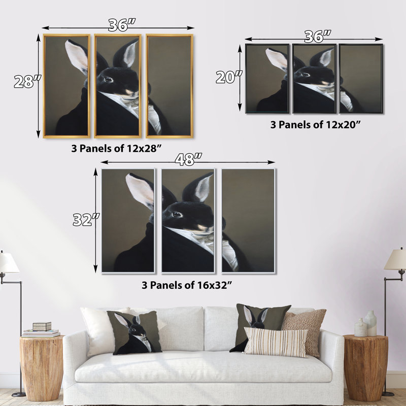 Portrait d'un lapin habillé - ensemble de 3 impressions sur toile à cadre flottant, H 28 po x l 36 po x P 1 po, Cadre blanc