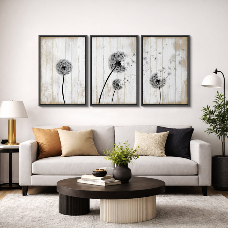 Blowing Dandelion On Wood Effect Background Artwork, Modern Rustic Farmhouse Wall Pictures, Framed Canvas Giclée Print 3 Pieces Wall Art" 16"x24"x3 pcs, 24"x36"x3 pcs
