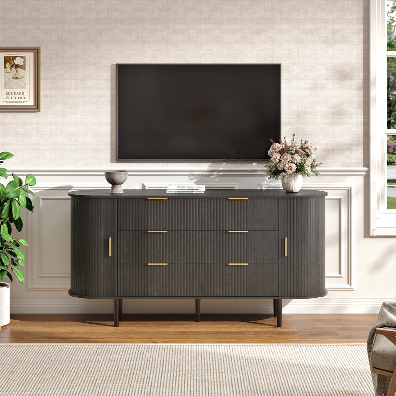 Luxury 63" Fluted TV Stand, Modern Chic Entertainment Center For Tvs Up To 80 Inches, TV Console With Faux Marble Top, Curved Profile Design, Media Console For Living Room, （Black）