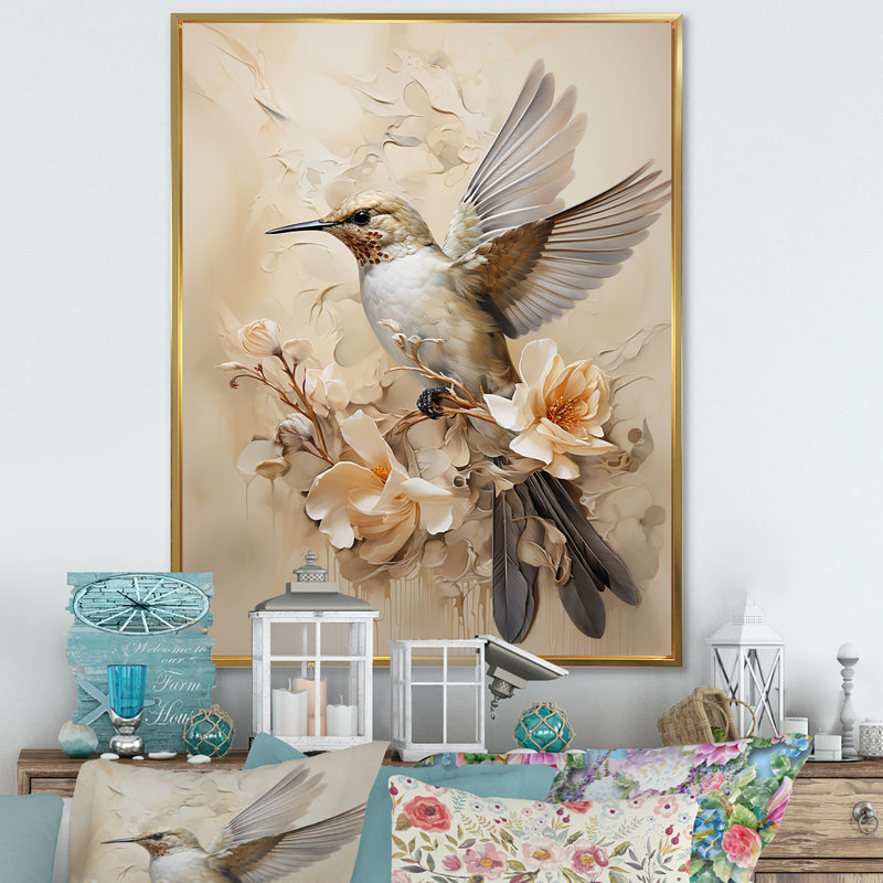 Colibri floral flottant I - Art mural colibri pour le salon, H 44 po x l 34 po x P 1,5 po, Cadre flottant doré