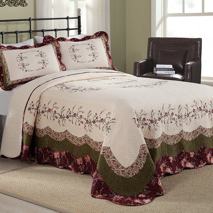 Queen White Cotton Reversible Bedspread with Embellished Edges