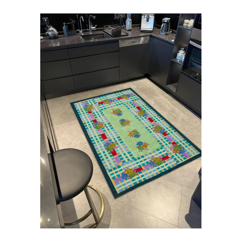 Green Colored Heart Patterned Modern Geometric Woven Floor Carpet, Rectangle 4' x 5'11"