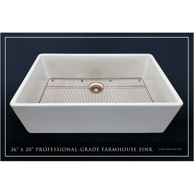 Luxury 36-Inch Solid Fireclay Farmhouse Sink, Flat Front, Antique Copper Accessories