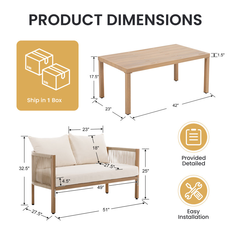Causeuse d'extérieur avec table basse, Crème
