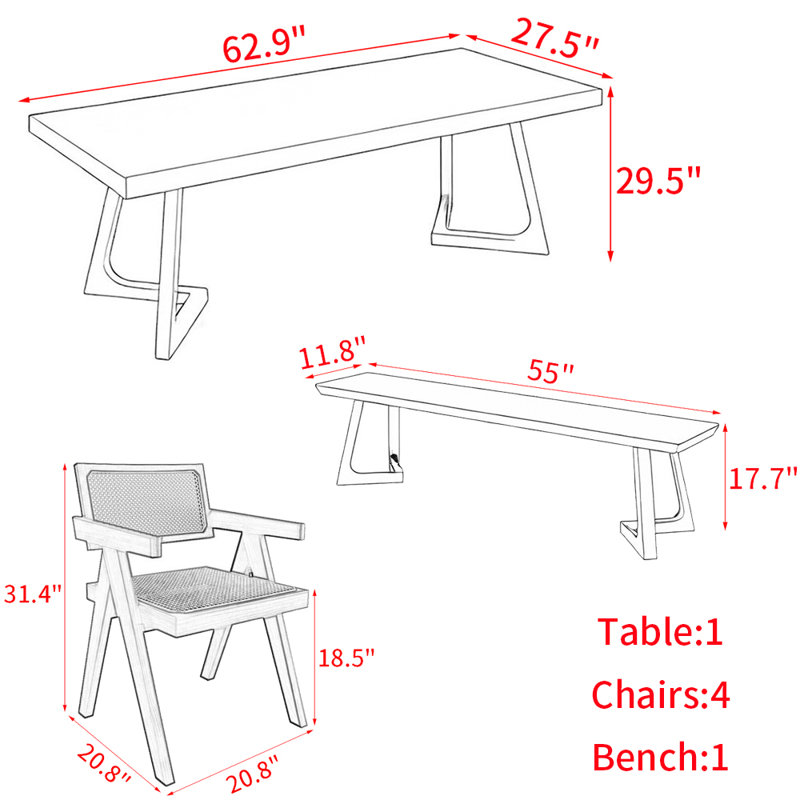Modern simple solid wood dining table set., 29.5"H x 62.9"L x 27.5"W