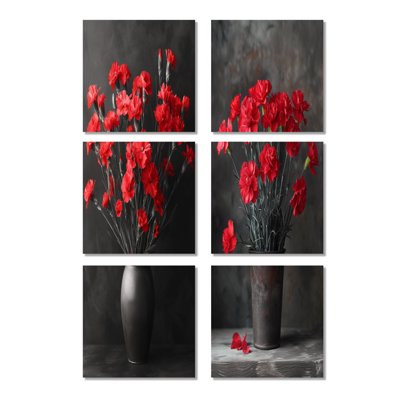 Monochromes rouges, noirs, vifs, œillets en pot - œillets, ensemble de 6 reproductions d'art mural, Toile tendue