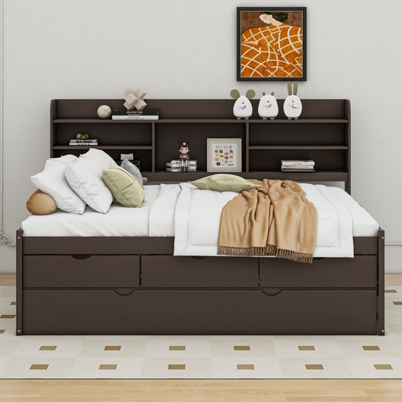 Full Size Wooden Captain Bed with Built-in Bookshelves, Three Drawers and Trundle, Antique Gray