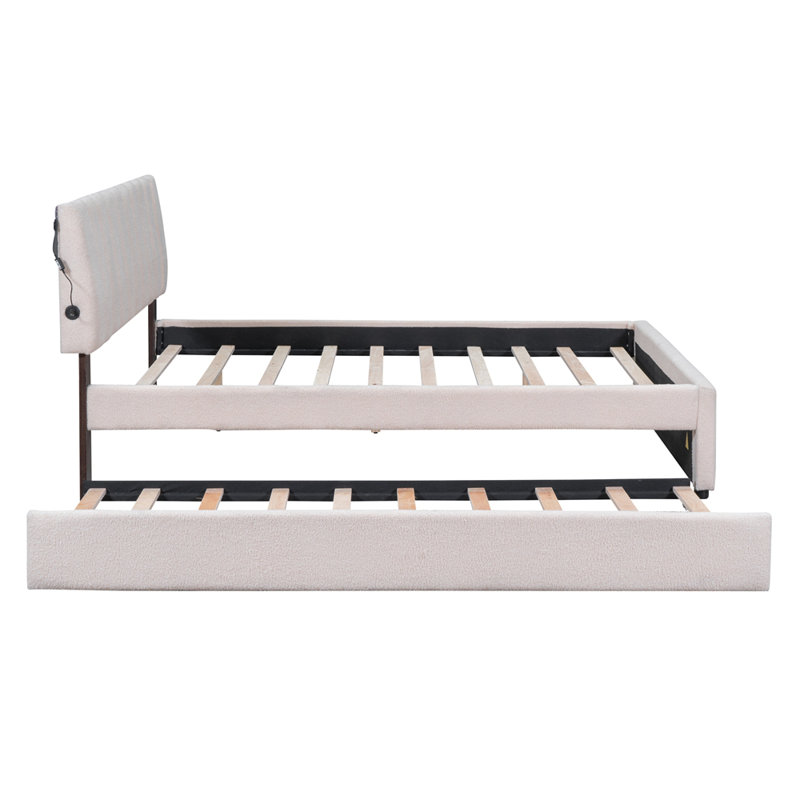 Lit plateforme tapissier avec gigogne Teddy, Queen, Beige