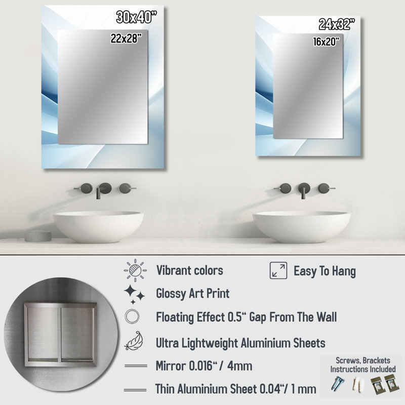 Blue and white Abstract Fractal Fusion II - Fractal Large Wall Mirror, Modern Decorative Mirror, Printed Metal Art, 32" x 24"