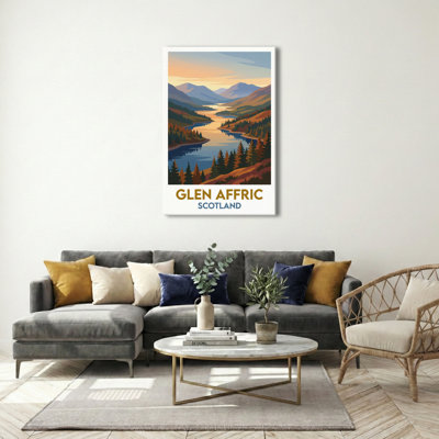 Glen Affric, Scotland - Highland Romance Travel Poster: Misty Glens and Golden Lochs. Giclee Print on Wrapped Canvas. Wall Art, Home Decor - Regions & Scenic Areas, Scotland 1 Piece Wrapped Canvas Wall Art