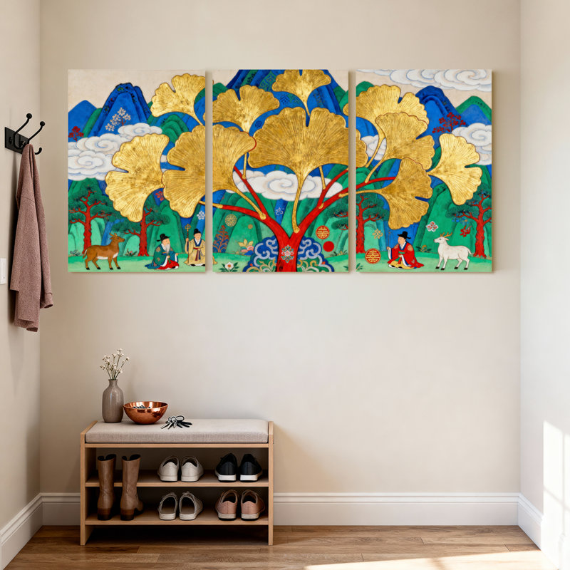 Tableau sur toile tendue représentant un ginkgo doré avec des personnages traditionnels et un paysage (lot de 3)