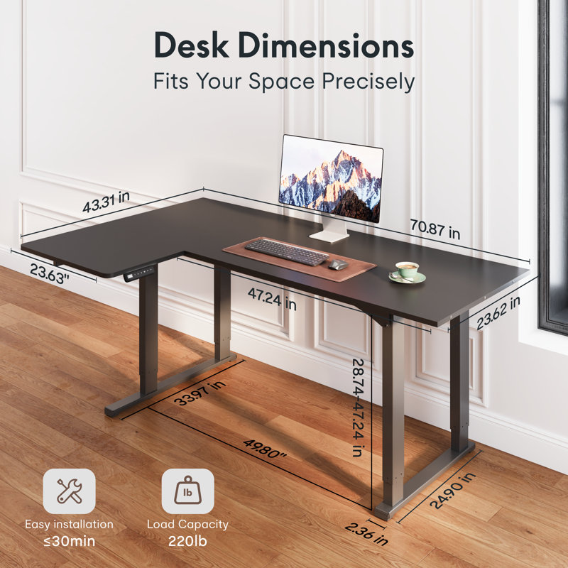 71" L-Shaped Standing Desk, 4-Leg with Memory Controller for Home Office, Gaming & Study, Black, 46" H x 71" W x 43.30" D