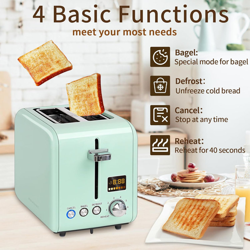 Toaster 2 Slice, Stainless Steel Bread Toaster LCD Display, 7 Bread Shade Settings, 1.4'' Wide Slots, Green