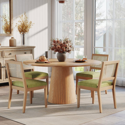 Round Pedestal Dining Table Set with 4-6 Rattan Back Dining Chairs, Farmhouse Dining Table Set with Chenille Upholstered Chairs & Solid Wood Legs for 4-6