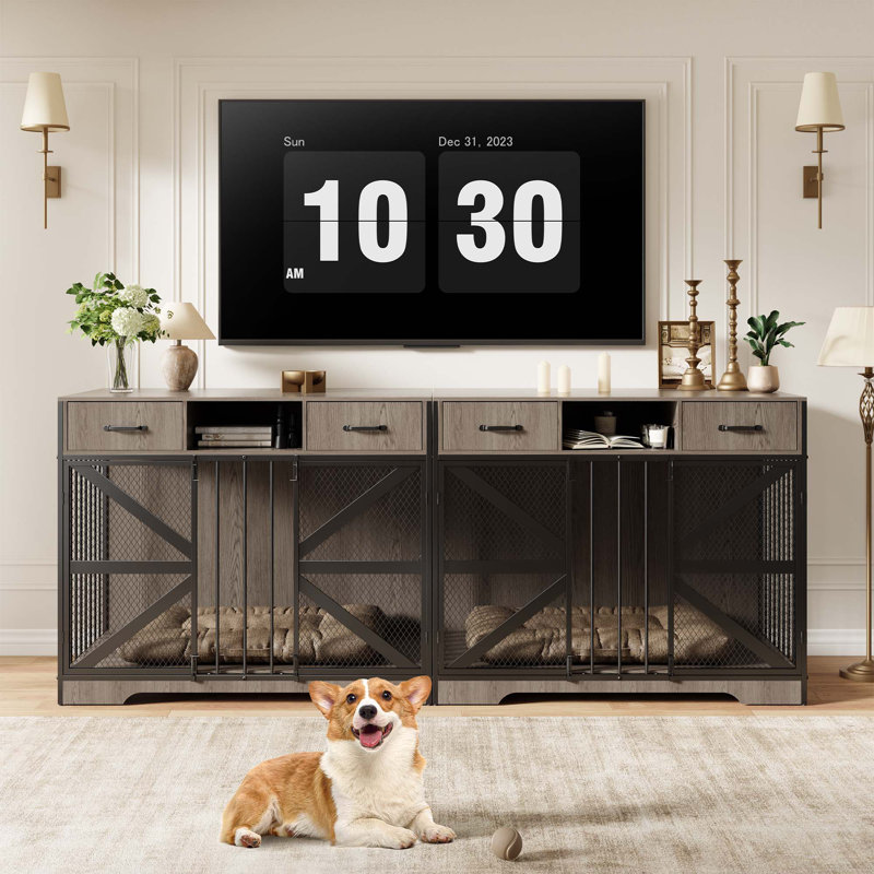 Farmhouse Dog Crate Furniture for Medium & Large Dogs with Lockable Double Doors, 2 Storage Drawers & Open Shelf, Wooden Indoor Kennel Console Table