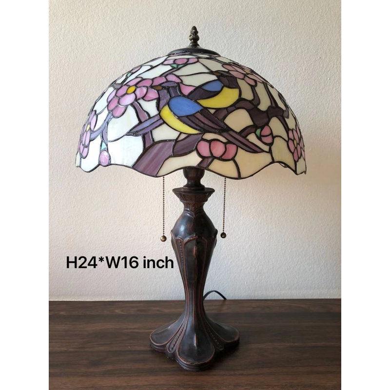 Haig Tiffany Style Table Lamp Magpie Bird Cherry Blossoms  LED Bulbs Included 16"W*16"D