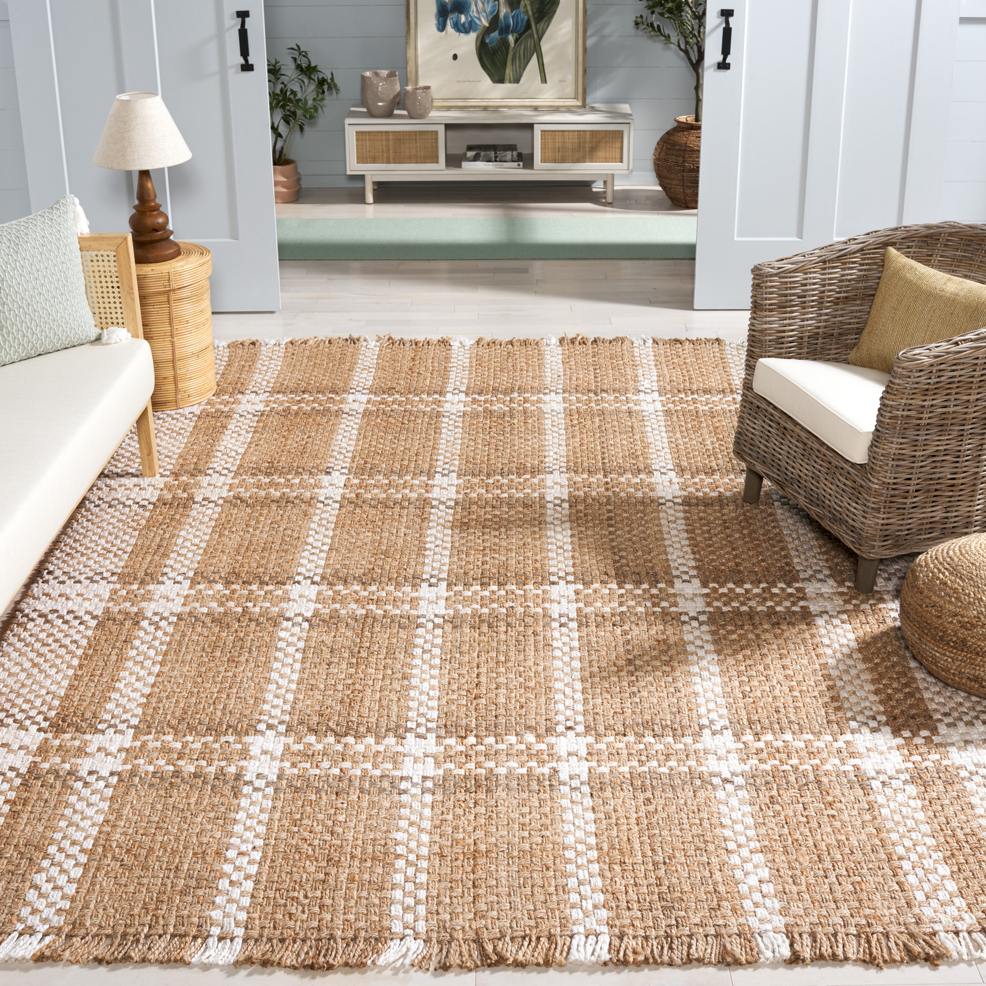 Carra Natural Fiber Hand Woven Jute Pile Plaid Rug, Rectangle 8' x 10'